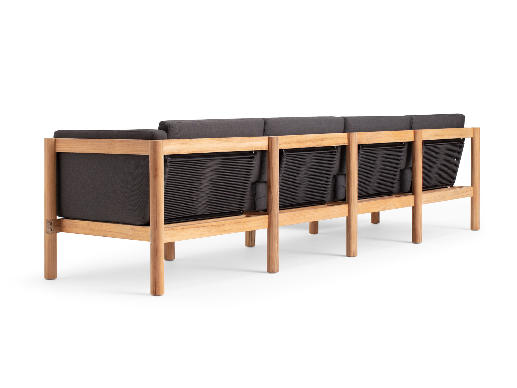 Back angle view of 5-piece outdoor sectional with black arm cushions